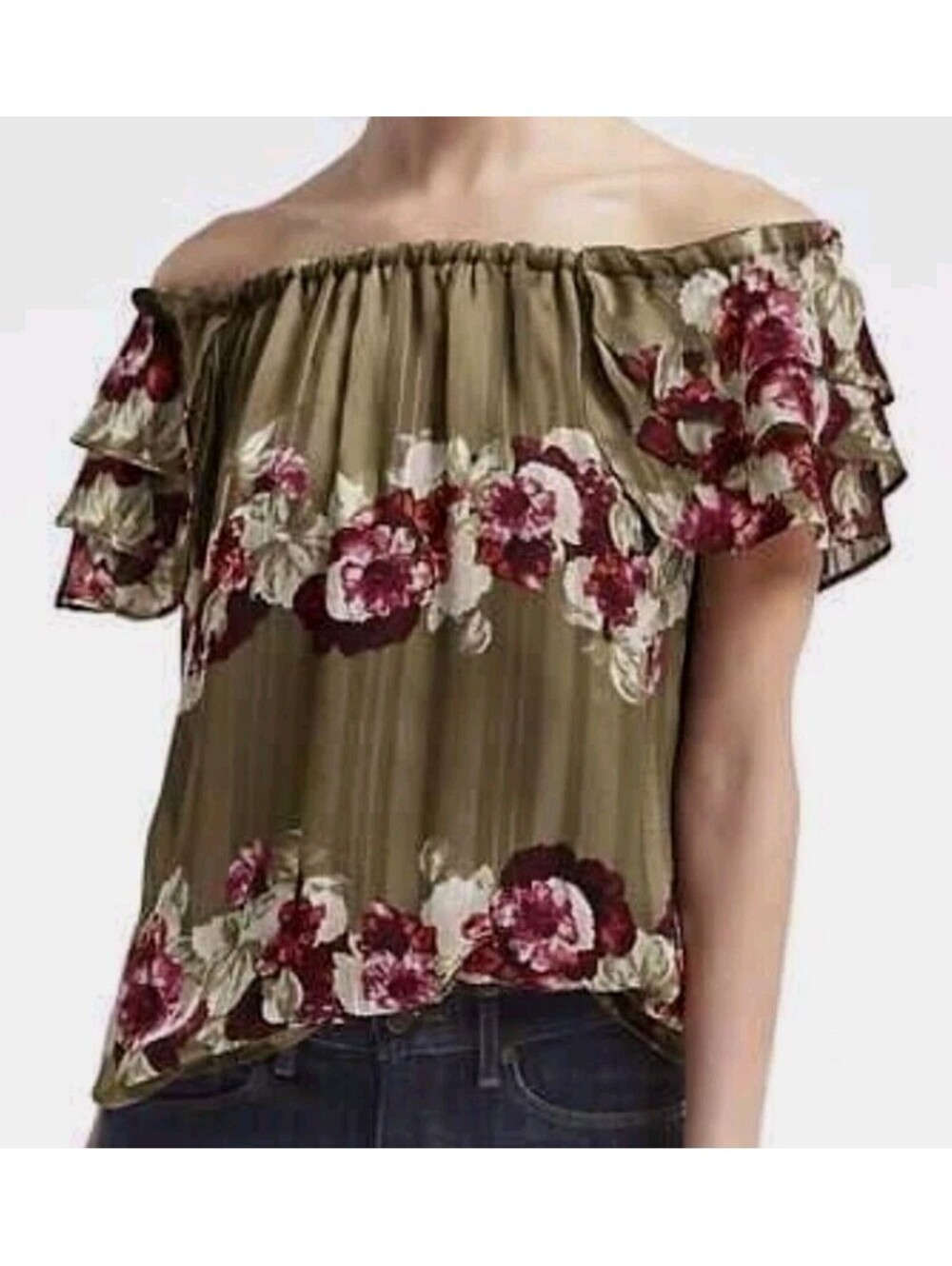 Banana Republic Off Shoulder Floral And Green Pleated Top, Size S, EUC